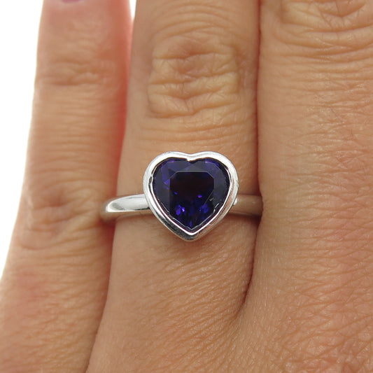 925 Sterling Silver Real Amethyst Heart Ring Size 6.5