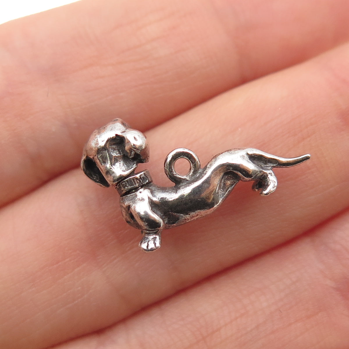 925 Sterling Silver Vintage Dachshund Oxidized Articulated Mini 3D Charm Pendant