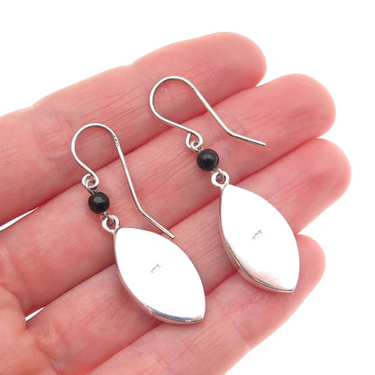 925 Sterling Silver Vintage Real Black Onyx Floral Oxidized Dangle Earrings