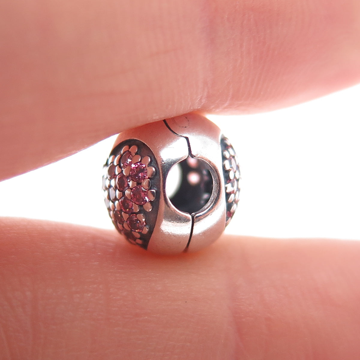 PANDORA 925 Sterling Silver Pink C Z Heart Bead Clip Charm