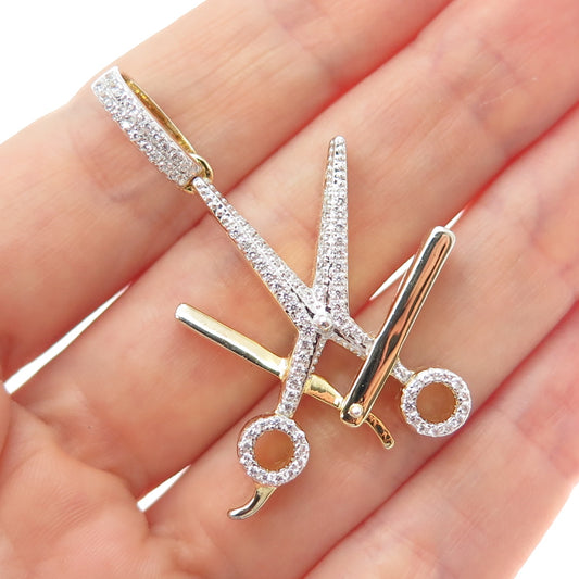 925 Sterling Silver Gold Plated Round-Cut C Z Scissors & Razor Barber Pendant