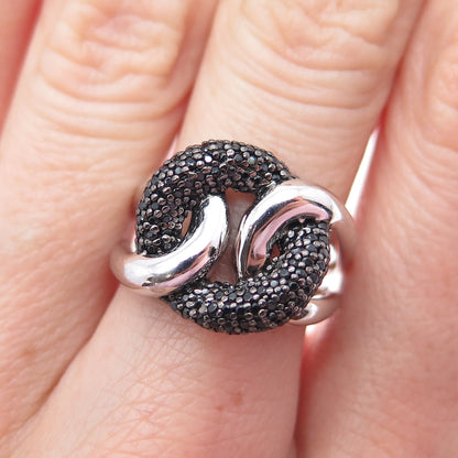925 Sterling Silver Real Black Spinel Interlocked Circle Ring Size 7.25