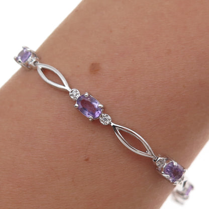 925 Sterling Silver Real Amethyst & C Z Bracelet 7.25"