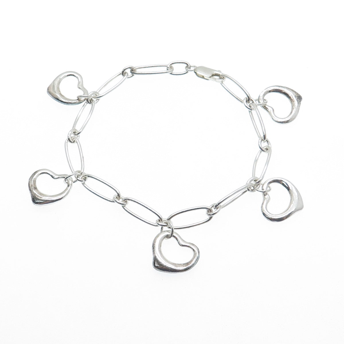 925 Sterling Silver Vintage Open Heart Charms Paperclip Link Bracelet 7"