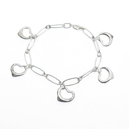 925 Sterling Silver Vintage Open Heart Charms Paperclip Link Bracelet 7"