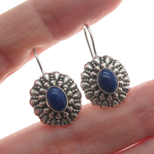 925 Sterling Silver Vintage Real Lapis Lazuli Beaded Floral Oxidized Earrings