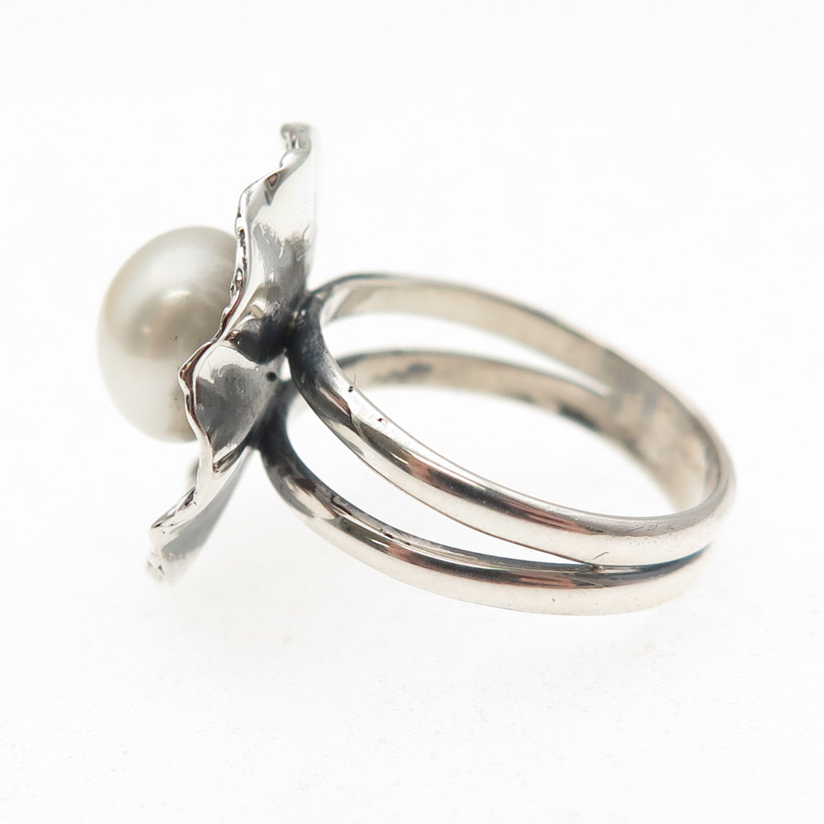 H & BJ Mackie 925 Sterling Vintage Real Pearl Modernist Oxidized Ring Size 5.25