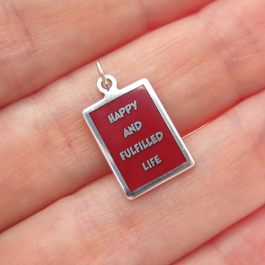 925 Sterling Silver Red Enamel Happy & Fulfilled Life Minimalist Charm Pendant