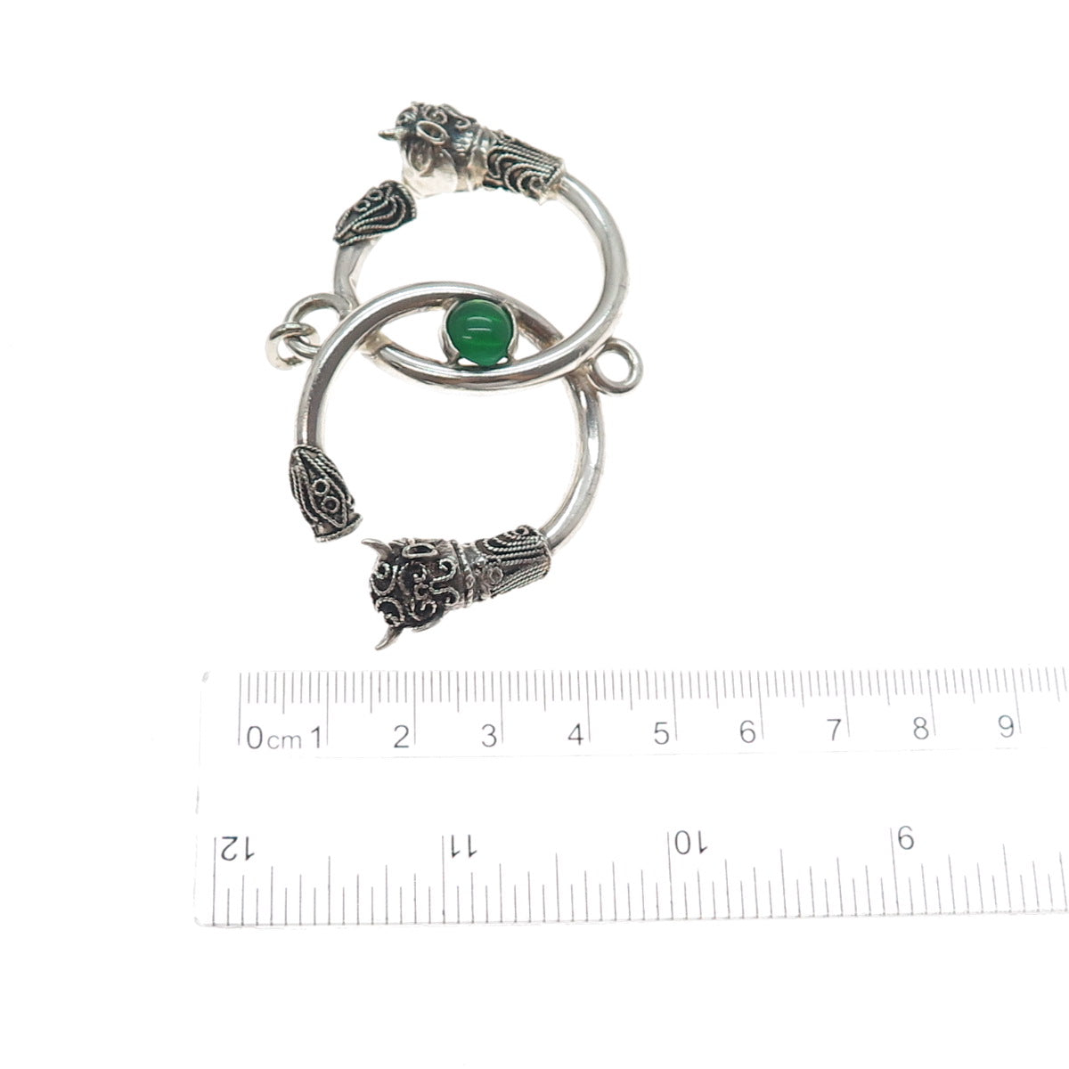 925 Sterling Silver Vintage Real Green Onyx Bull Interlocked Eternity Pendant