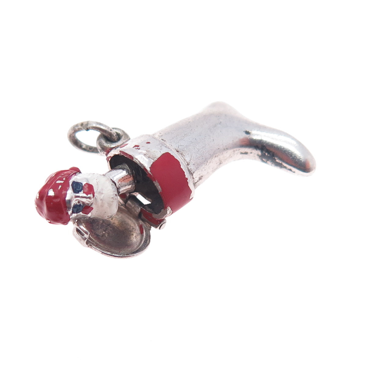 J.M. Fisher 925 Sterling Silver Antique Art Deco Enamel Santa Stocking Pendant