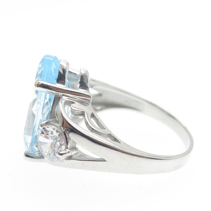 925 Sterling Silver Real Pear-Cut Blue Topaz & C Z Ring Size 7