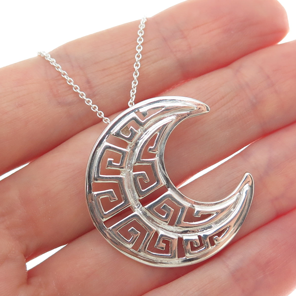 925 Sterling Silver Italy Greek Key Crescent Moon Cable Chain Necklace 18"