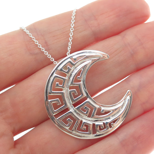 925 Sterling Silver Italy Greek Key Crescent Moon Cable Chain Necklace 18"