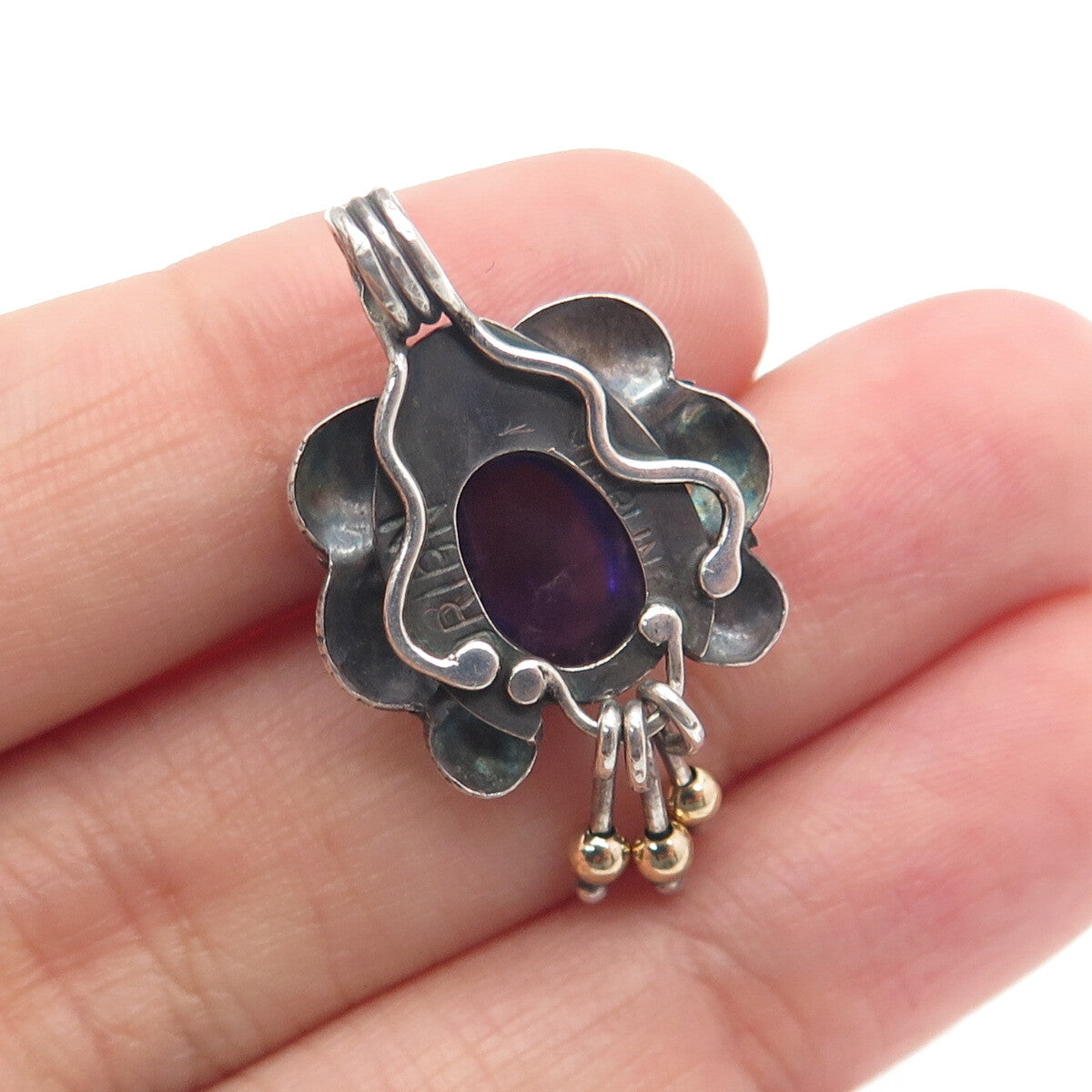 ORION Sterling Silver & 14K Gold Vintage Real Amethyst Modernist Flower Pendant