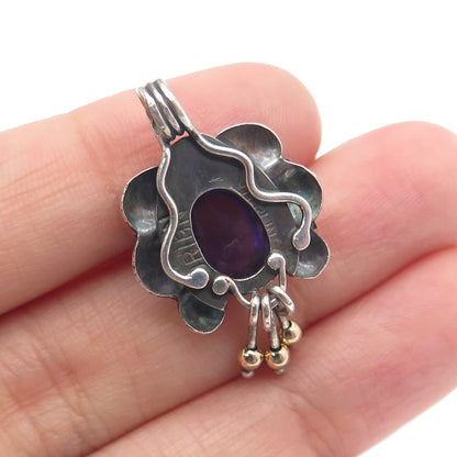 ORION Sterling Silver & 14K Gold Vintage Real Amethyst Modernist Flower Pendant
