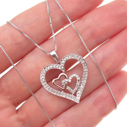 Sun 925 Sterling Silver 10K Gold Real Diamond Couple Heart Chain Necklace 18"