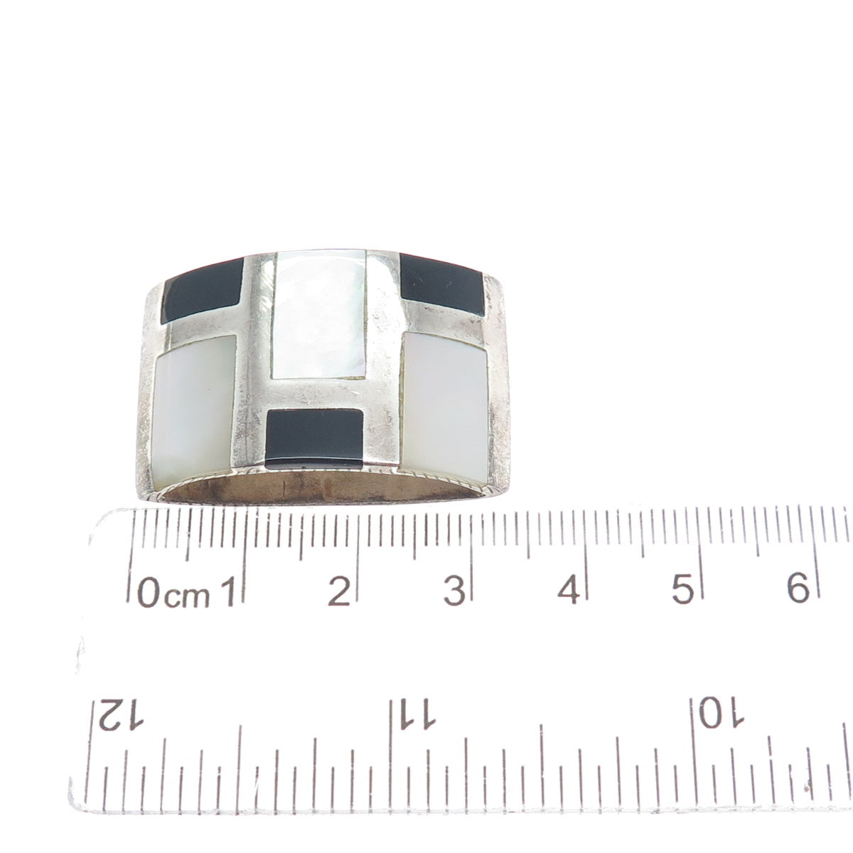 925 Sterling Silver Vintage Real MOP & Black Onyx Modernist Slide Pendant