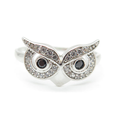 925 Sterling Silver Round-Cut Black & White C Z Owl Bird Ring Size 6