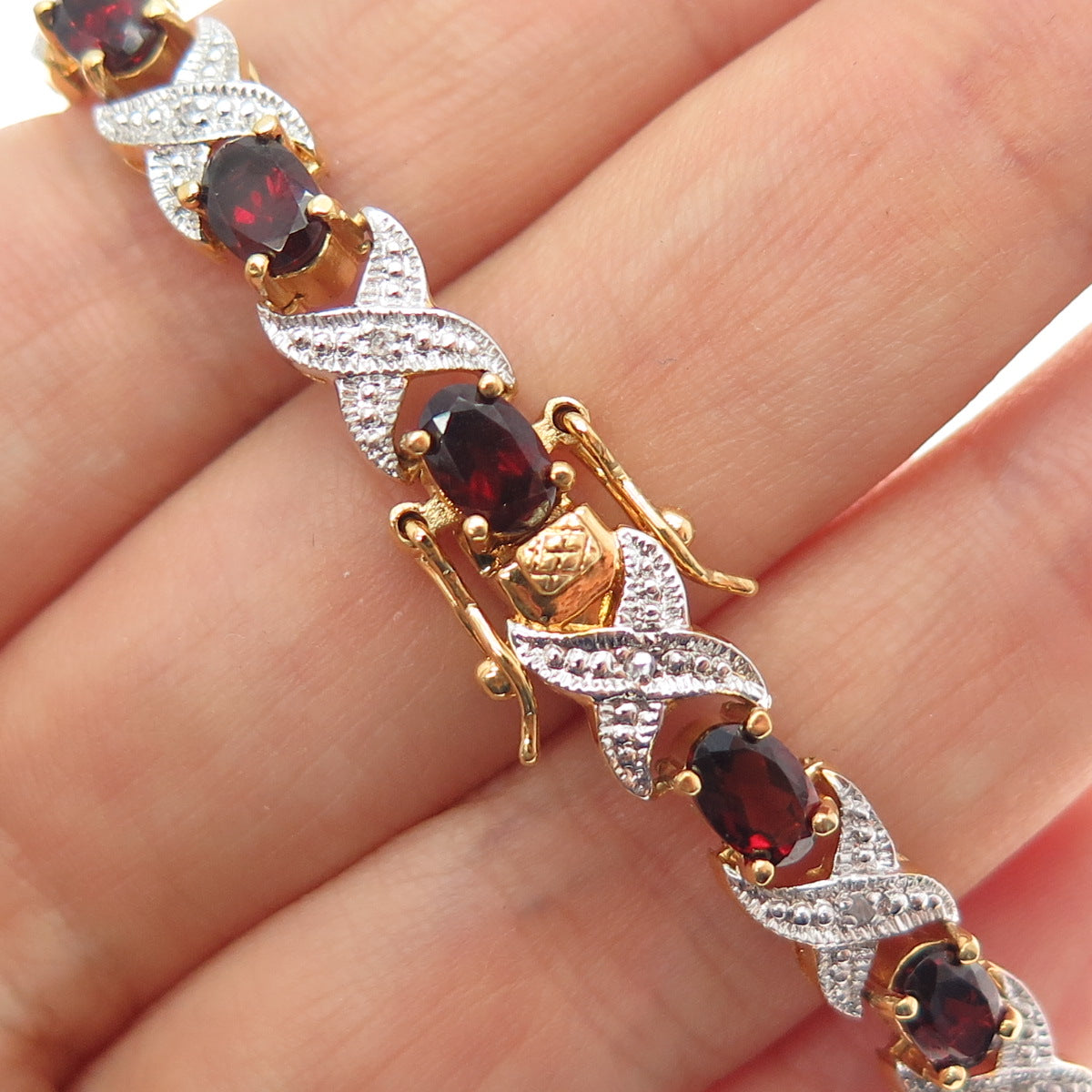 SETA Gold Plated Real Diamond Red Garnet Hugs & Kisses Bracelet 7"