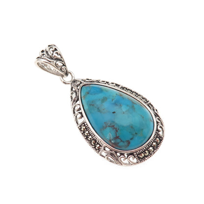 925 Sterling Silver Real Turquoise & Marcasite Teardrop Oxidized Charm Pendant