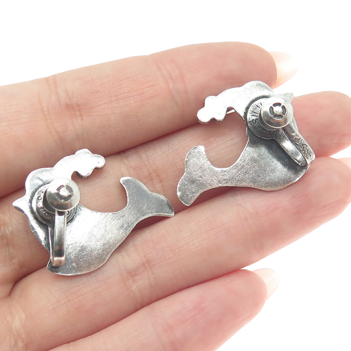 925 Sterling Silver Antique Mexico Fish Screw Back Earrings