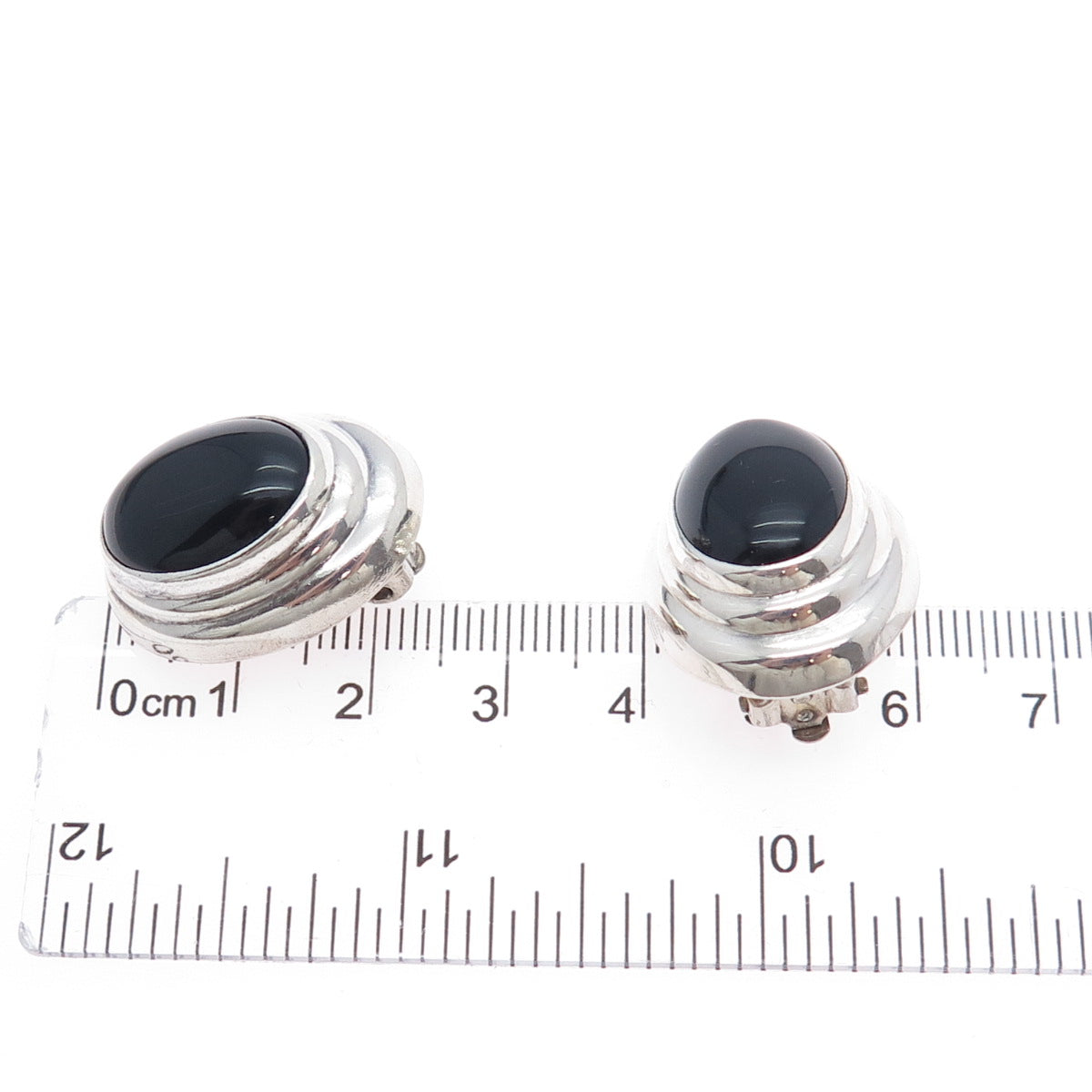 925 Sterling Silver Vintage Mexico Real Black Onyx Modernist Clip On Earrings