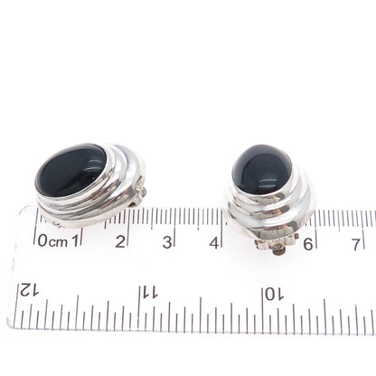 925 Sterling Silver Vintage Mexico Real Black Onyx Modernist Clip On Earrings