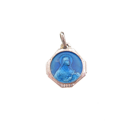 925 Sterling Silver Antique Art Deco France Enamel Saint Theresa Charm Pendant