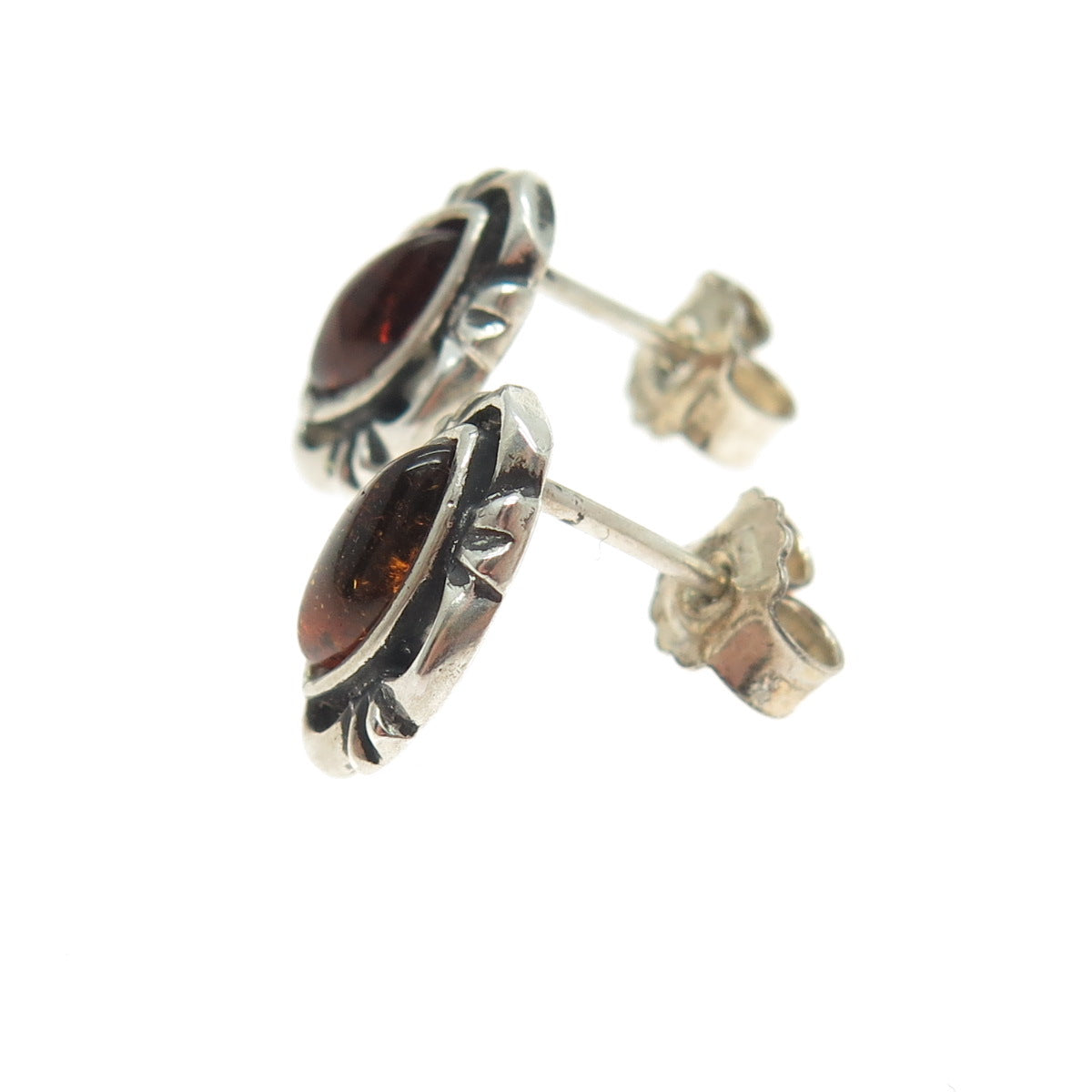 925 Sterling Silver Vintage Real Amber Modernist Oxidized Earrings