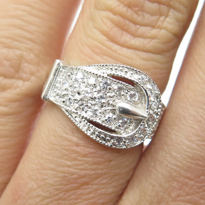 925 Sterling Silver Round-Cut Shaped C Z Belt Buckle Ring Size 5.5