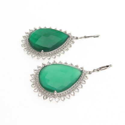 925 Sterling Silver Real Green Chalcedony & White Topaz Teardrop Dangle Earrings