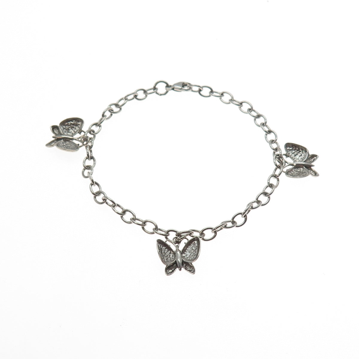 925 Sterling Silver Vintage Butterfly Charm Cable Link Bracelet 7"