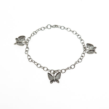 925 Sterling Silver Vintage Butterfly Charm Cable Link Bracelet 7"