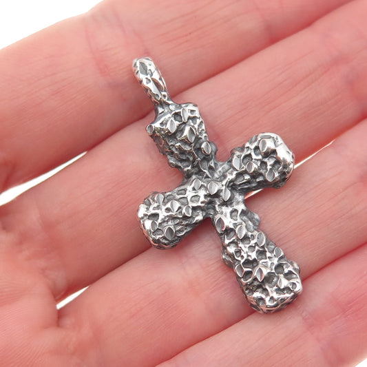 925 Sterling Silver Vintage Modernist Nugget Cross Oxidized Pendant