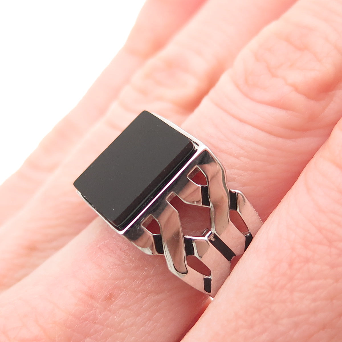 CHIMODA 925 Sterling Silver Real Black Onyx Woven Ring Size 8.25
