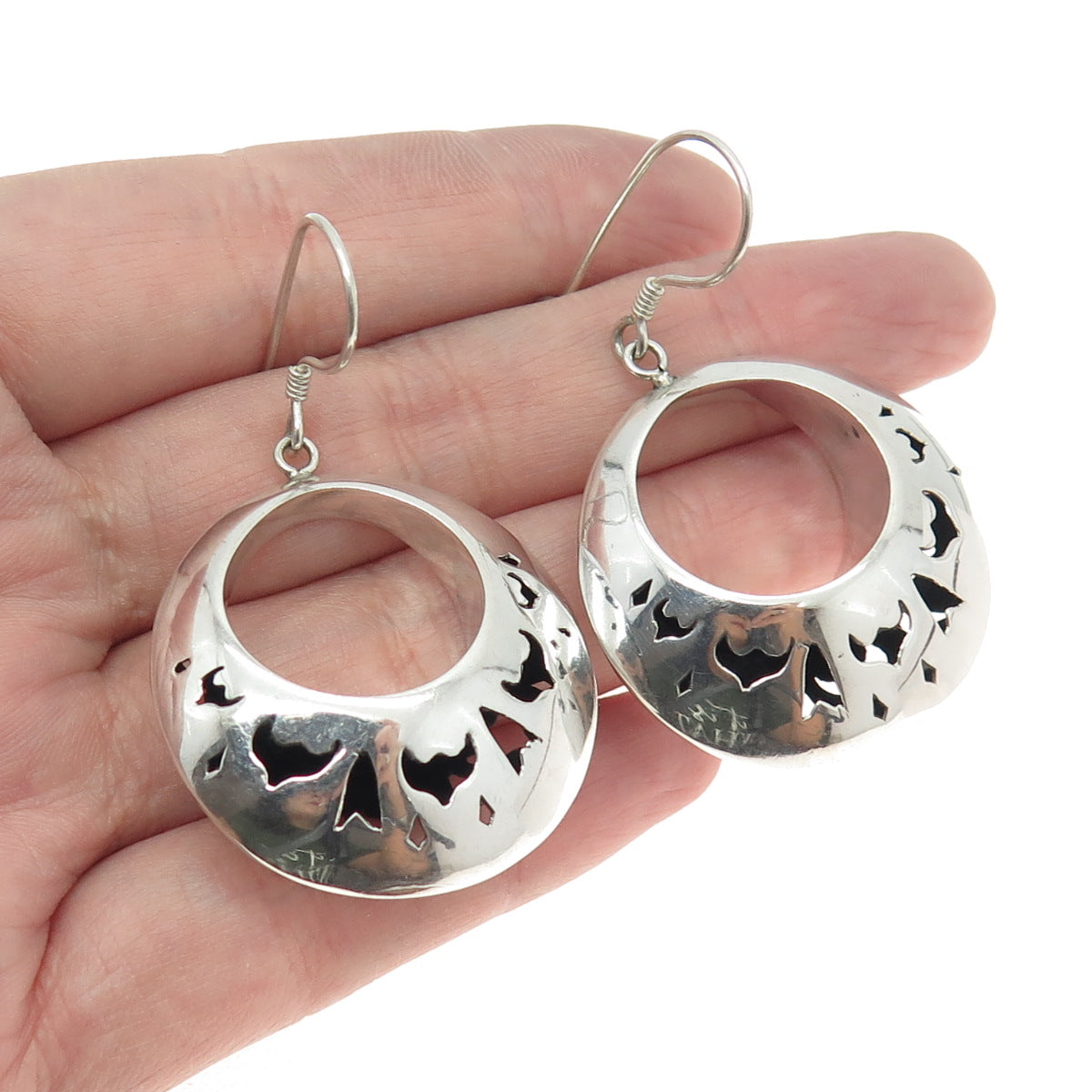 925 Sterling Silver Vintage Modernist Shadow Box Crescent Dangle Earrings