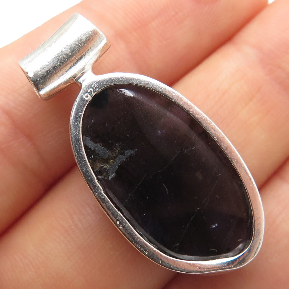 925 Sterling Silver Vintage Real Cabochon Lepidolite & Moonstone Slide Pendant