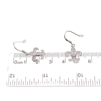 925 Sterling Silver Round-Cut C Z Fleur de Lis Dangle Earrings