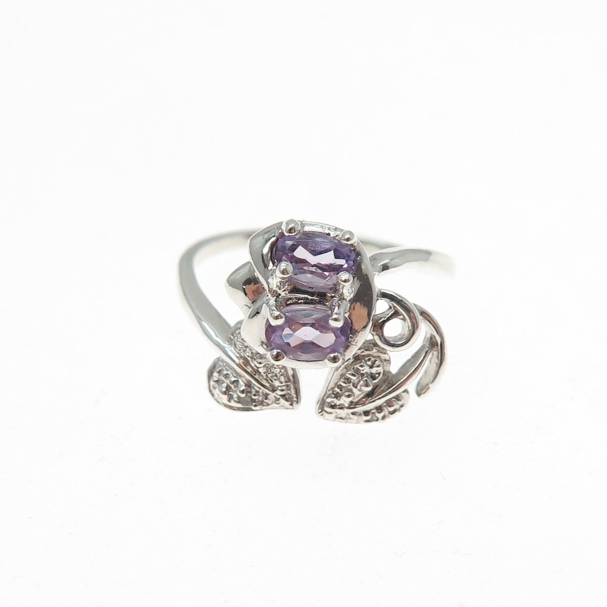 925 Sterling Silver Real Diamond Accent & Amethyst Floral Leaf Ring Size 6.75