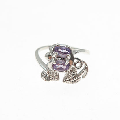 925 Sterling Silver Real Diamond Accent & Amethyst Floral Leaf Ring Size 6.75