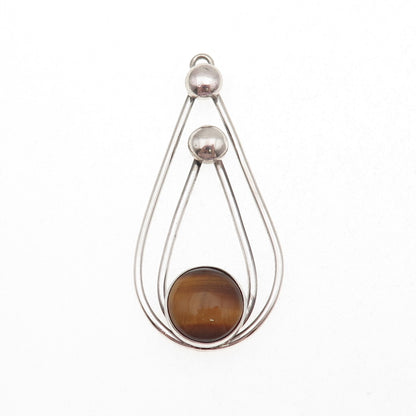 925 Sterling Silver Vintage Real Tiger Eye Modernist Teardrop Pendant