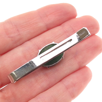 925 Sterling Silver Antique Art Deco Real Aventurine Engraved Tie Clip