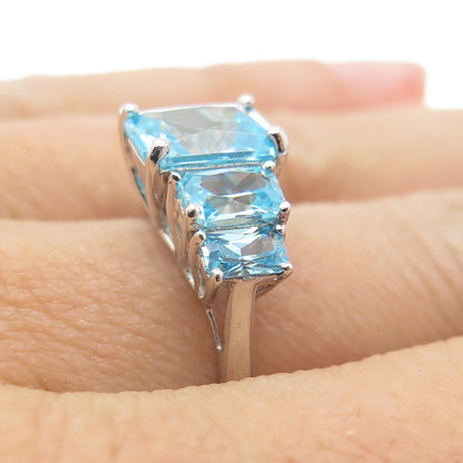 925 Sterling Silver Blue Radiant-Cut Shaped C Z 5-Stone Ring Size 7.25