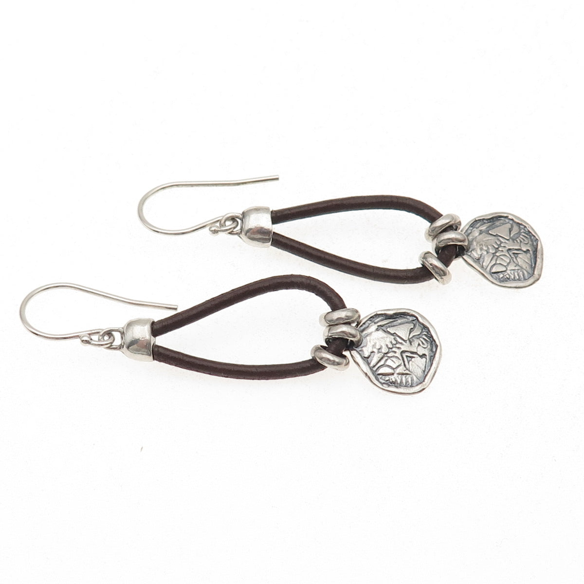 Silpada 925 Sterling Silver Vintage Brown Leather Prairie Girl Disc Earrings
