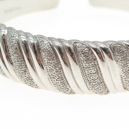 925 Sterling Silver Real Round-Cut Diamond Wavy Cuff Bracelet 7.25"