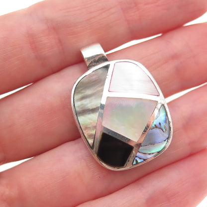 925 Sterling Silver Vintage Real MOP & Abalone Shell Mosaic Charm Pendant