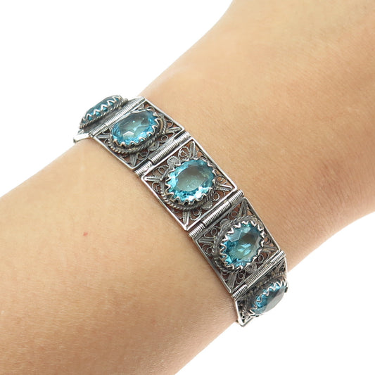 800 Silver Vintage Italy Blue Glass Filigree Panel Link Bracelet 7.25"