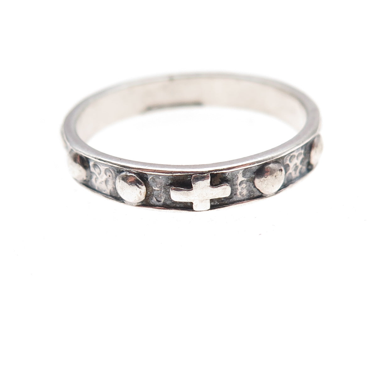 925 Sterling Silver Vintage Cross Beaded All Around Hammered Band Ring Size 8.75