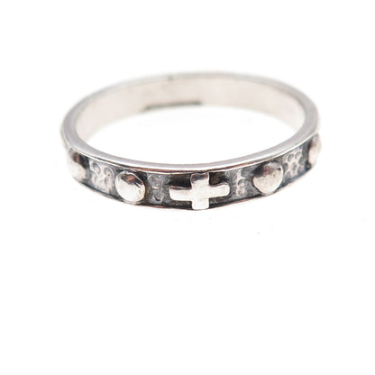 925 Sterling Silver Vintage Cross Beaded All Around Hammered Band Ring Size 8.75