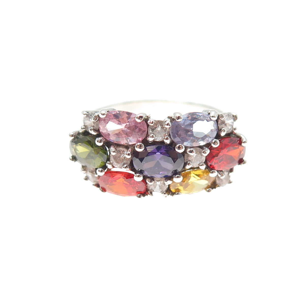 925 Sterling Silver Oval & Round-Cut Multi-Color C Z Cluster Ring Size 9